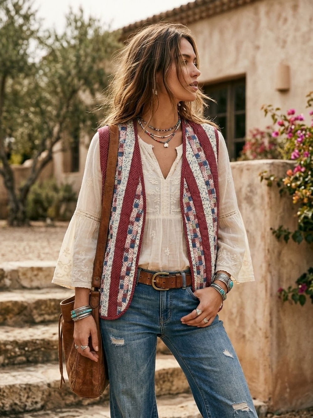 Special free people style Quilted Patchwork Sleeveless Vest - Red Floral